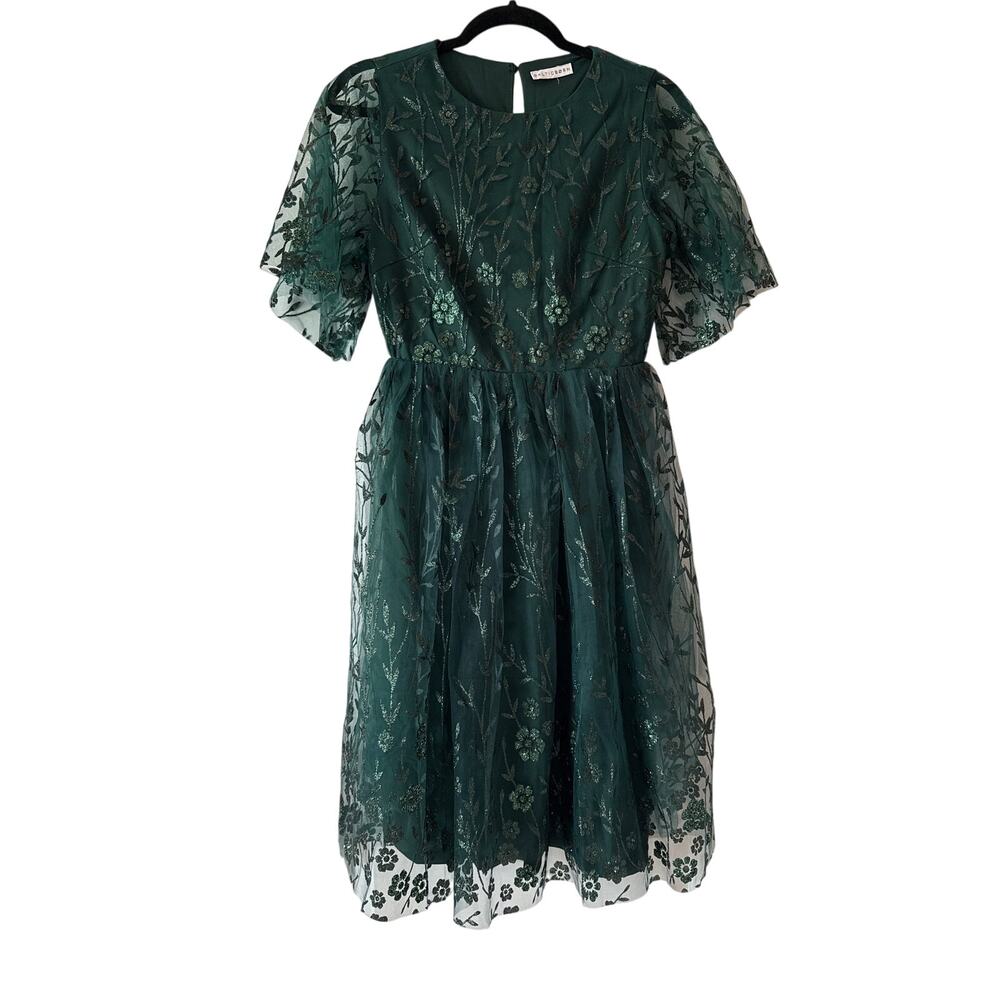 Baltic Born Kendra Embroidered Dress in Dark Green, S